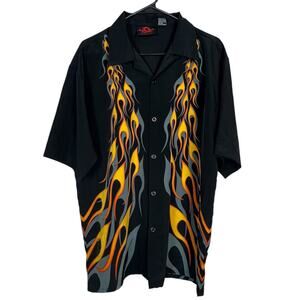 D Clothing Men's Large Flame Button Up Shirt Black Fire Graphic